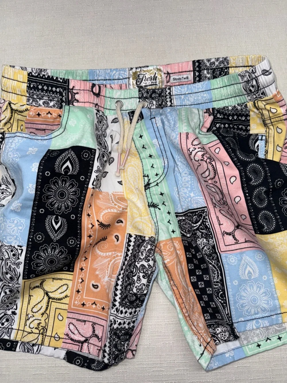 fresh Prints Stretch Twill Patchwork Bandana Drawstring Shorts
